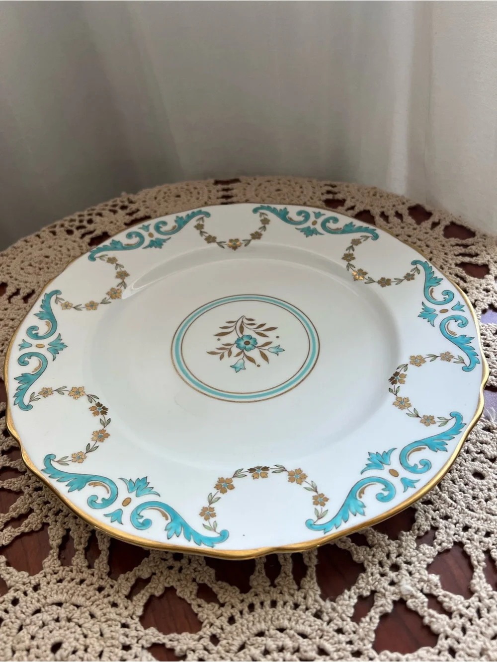 Spode Copeland England Turquoise Gold Floral Dinner Plate Vintage 10.5”